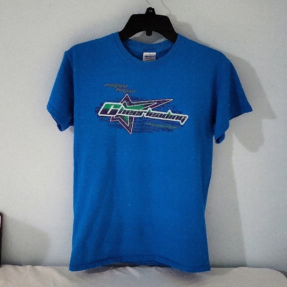 The brand Gildan, size is Small and the color is blue, green, and purple